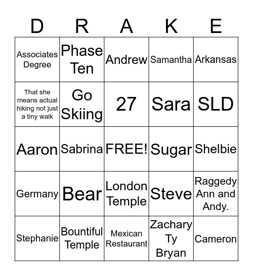 Drake Family Bingo Card