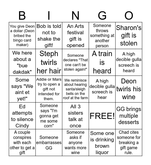 Family Phrase Bingo Card