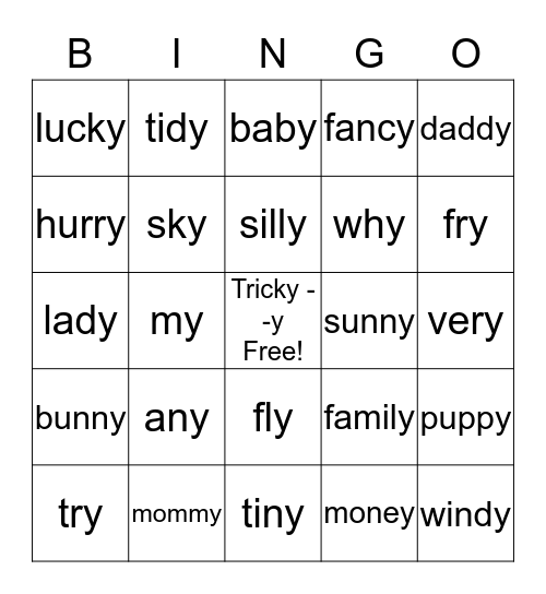 Tricky Y Bingo Card