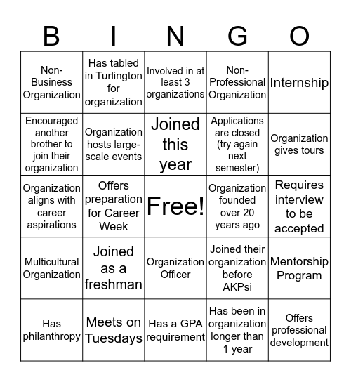 Involvement Fair Bingo Card