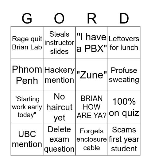 Gordon Bingo Card