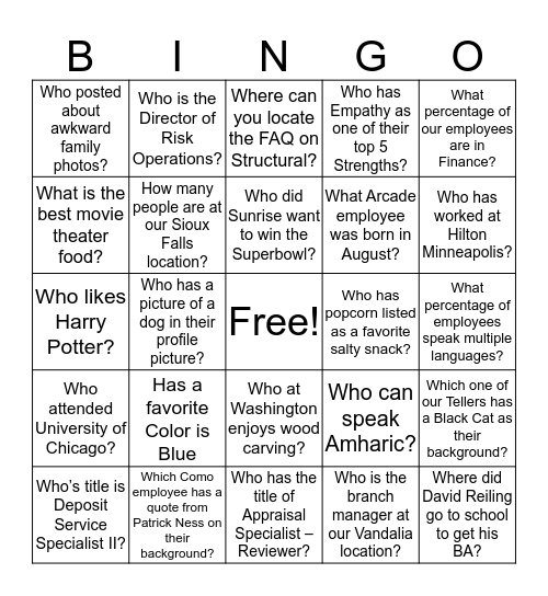 Structural Bingo Card