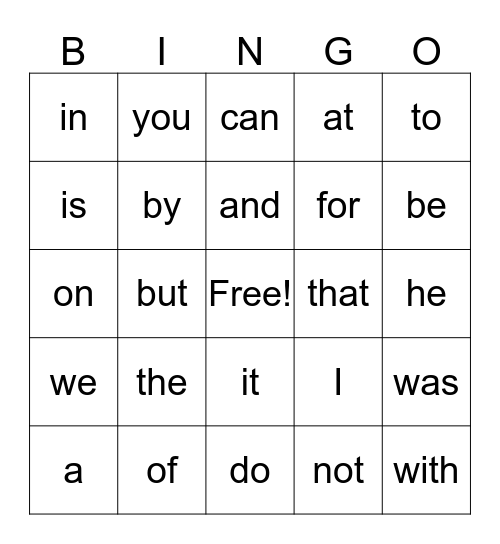 Sight Word Bingo Card