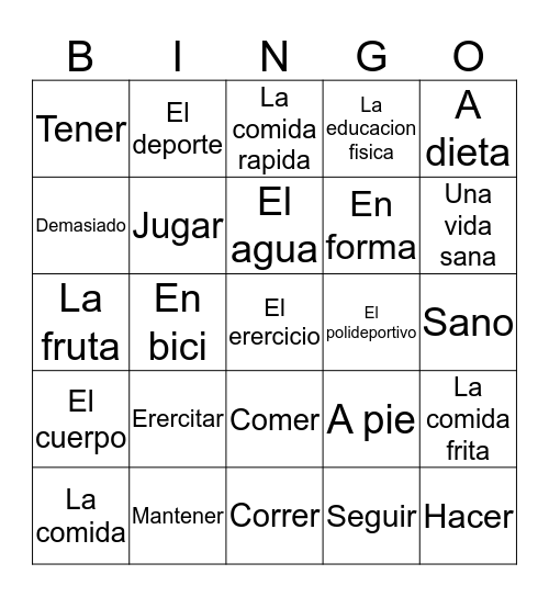 Healthy Living Vocab (Spanish) Bingo Card