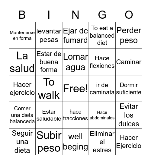 Healthy Living Bingo Card