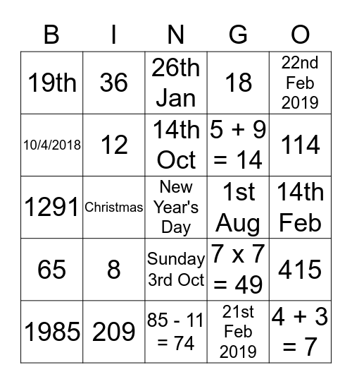 Dates and Numbers Bingo Card