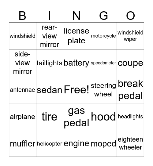 Car Parts Bingo Card