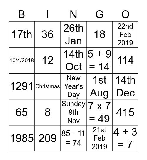 Dates and Numbers Bingo Card