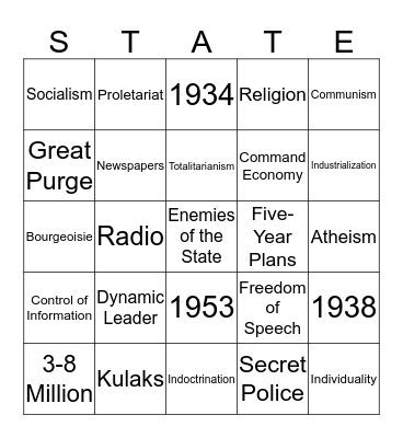 Totalitarianism Bingo Game Bingo Card