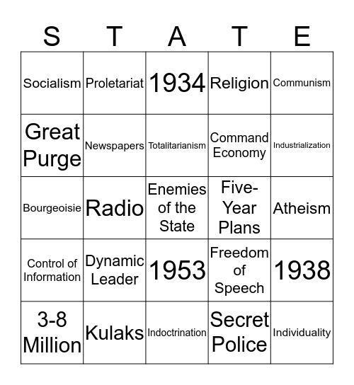 Totalitarianism Bingo Game Bingo Card