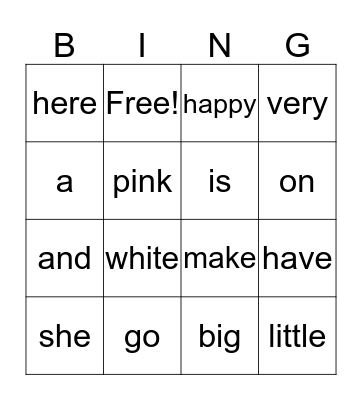 Kindergarten Sight Word Bingo Card