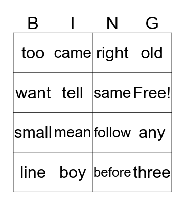 Unit 14 Sight Words Bingo Card