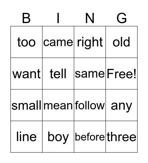 Unit 14 Sight Words Bingo Card