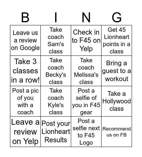 F45 Bingo Card