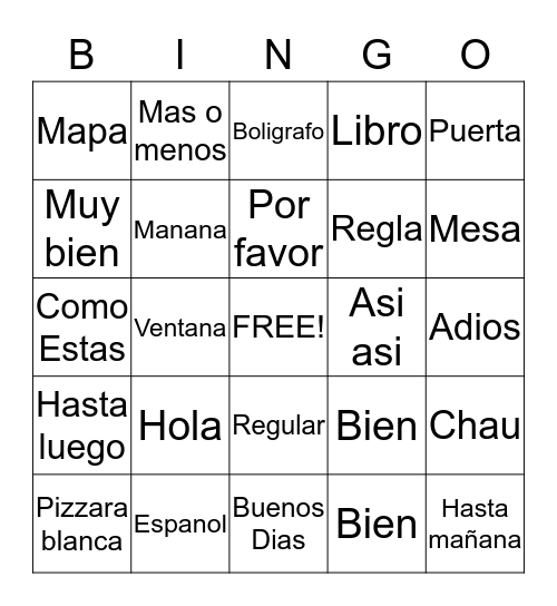 Spanish Bingo Card