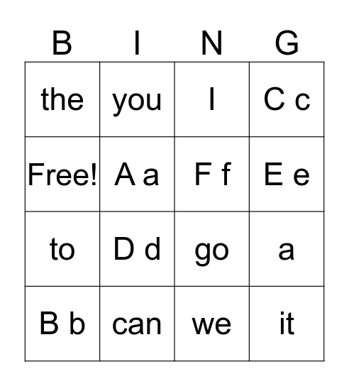 Sight Words & Letters 1 Bingo Card