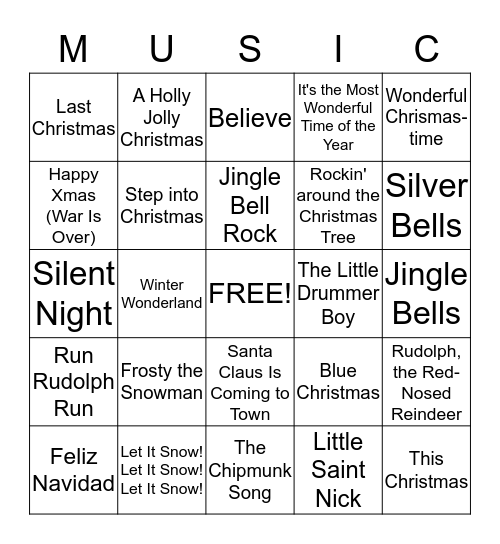 Holiday Music Bingo Card