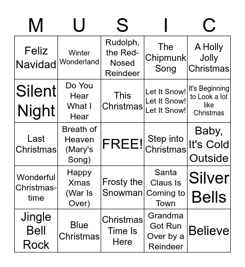 Holiday Music Bingo Card