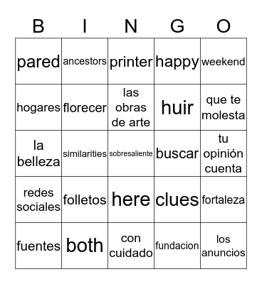 AP Spanish Word of the Day Bingo Card
