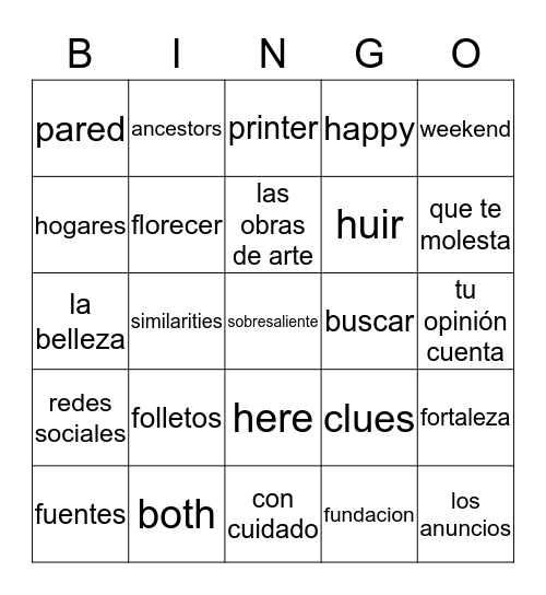 AP Spanish Word of the Day Bingo Card