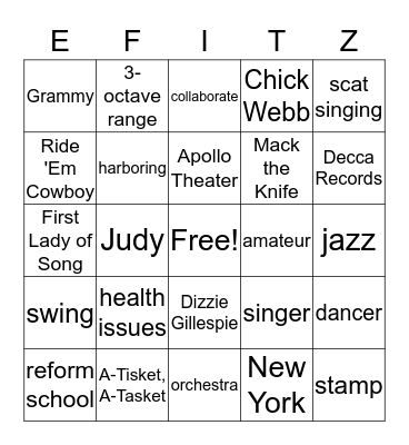 Ella Fitzgerald General Information Bingo Card