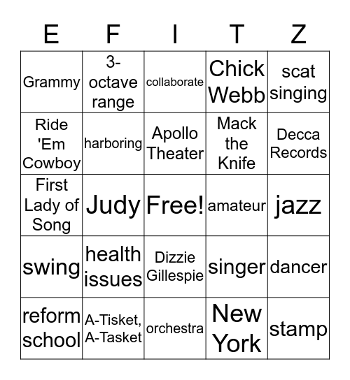 Ella Fitzgerald General Information Bingo Card