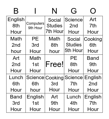 Class Schedule Bingo Card