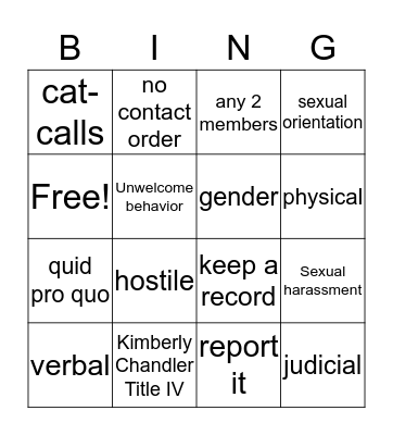 Sexual Harassment Bingo Card