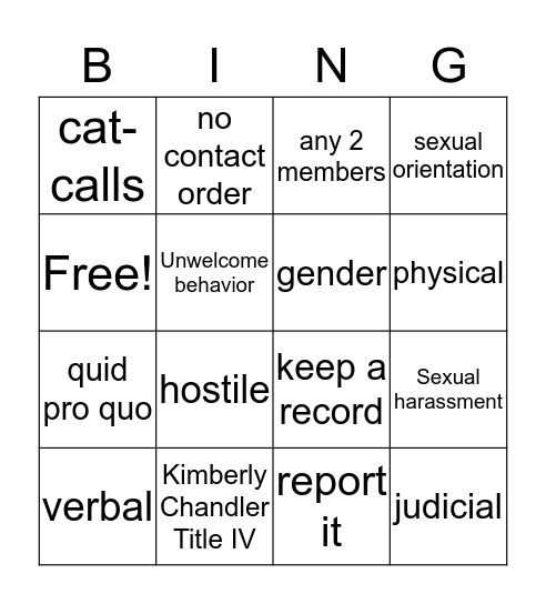 Sexual Harassment Bingo Card