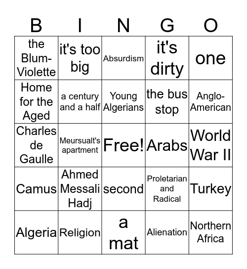 The Stranger Bingo Card