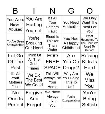 Family Confrontation Bingo Card