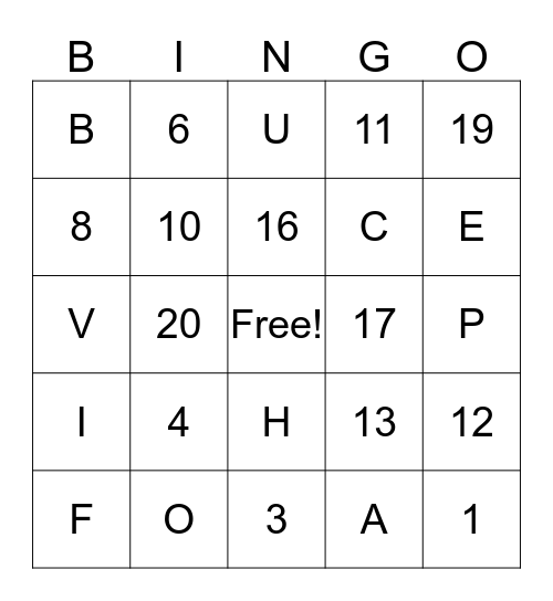 English Class Bingo Card