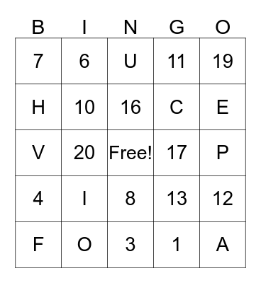 English Class Bingo Card