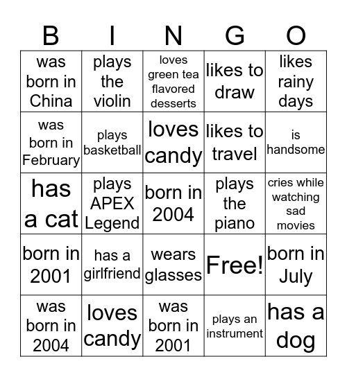 Find someone in periods 1 and 2 who... Bingo Card