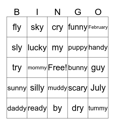 Ending "y" Bingo Card