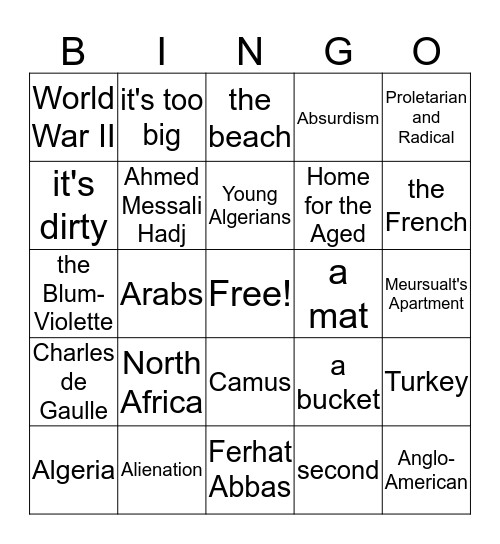 The Stranger Bingo Card