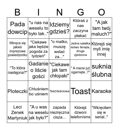 Panieńskie Bingo Card