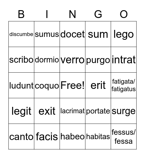 Latin Verbs Bingo Card