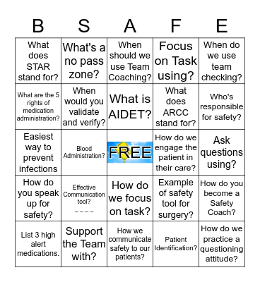 2019 Patient Safety Week March 10-16 Bingo Card