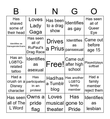 LGBTQ+ Happy Hour Bingo Card