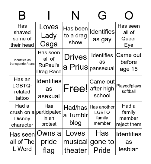 LGBTQ+ Happy Hour Bingo Card