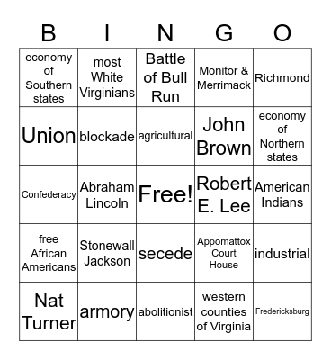 Civil War Bingo Card