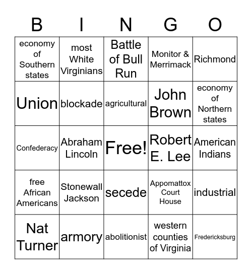 Civil War Bingo Card