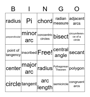 Geometry Vocabulary Bingo Card