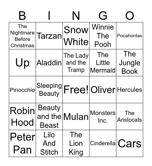 Disney Music Bingo Card