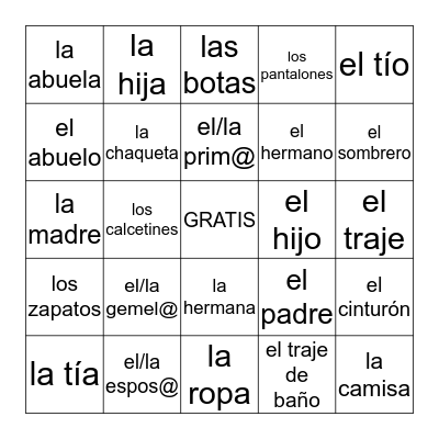 ROPA Y FAMILIA Bingo Card