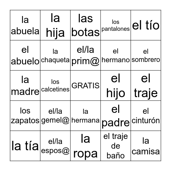 ROPA Y FAMILIA Bingo Card