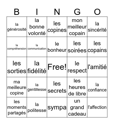l'amitié Bingo Card