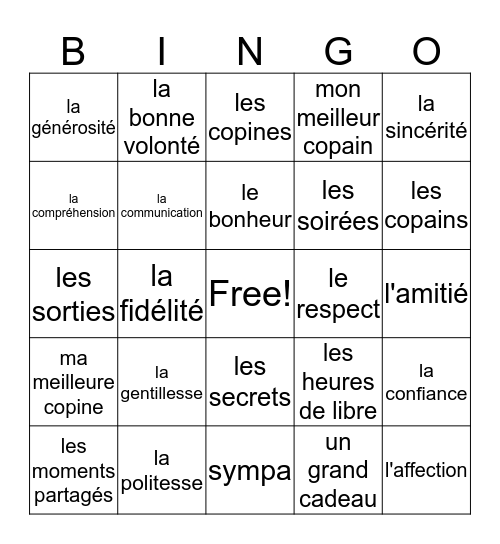 l'amitié Bingo Card