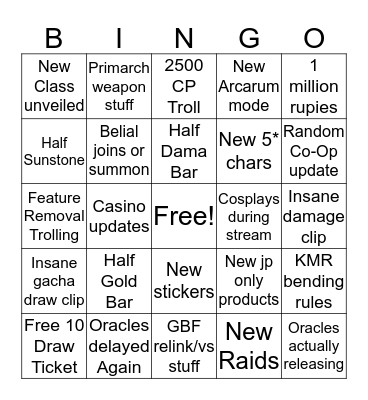 GBF 2019 Anniversary Bingo Card